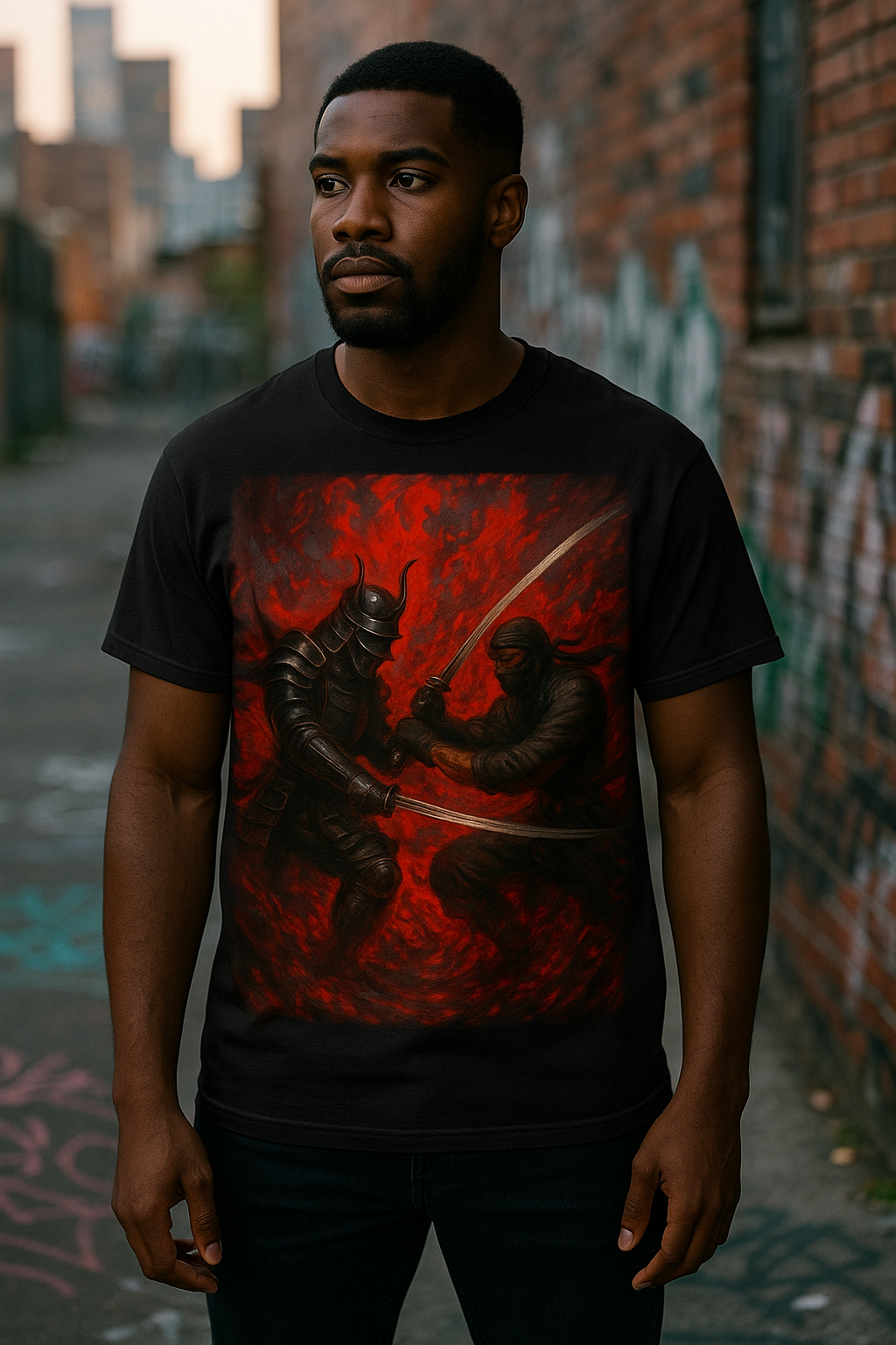 “Chaos Clash” Samurai vs Ninja Oil-Paint Graphic Tee – Black/Red Heather Edition