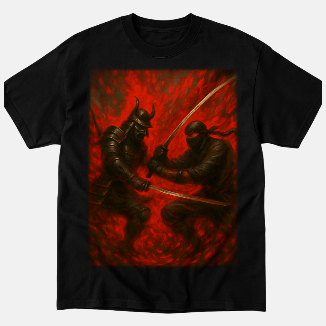 “Chaos Clash” Samurai vs Ninja Oil-Paint Graphic Tee – Black/Red Heather Edition