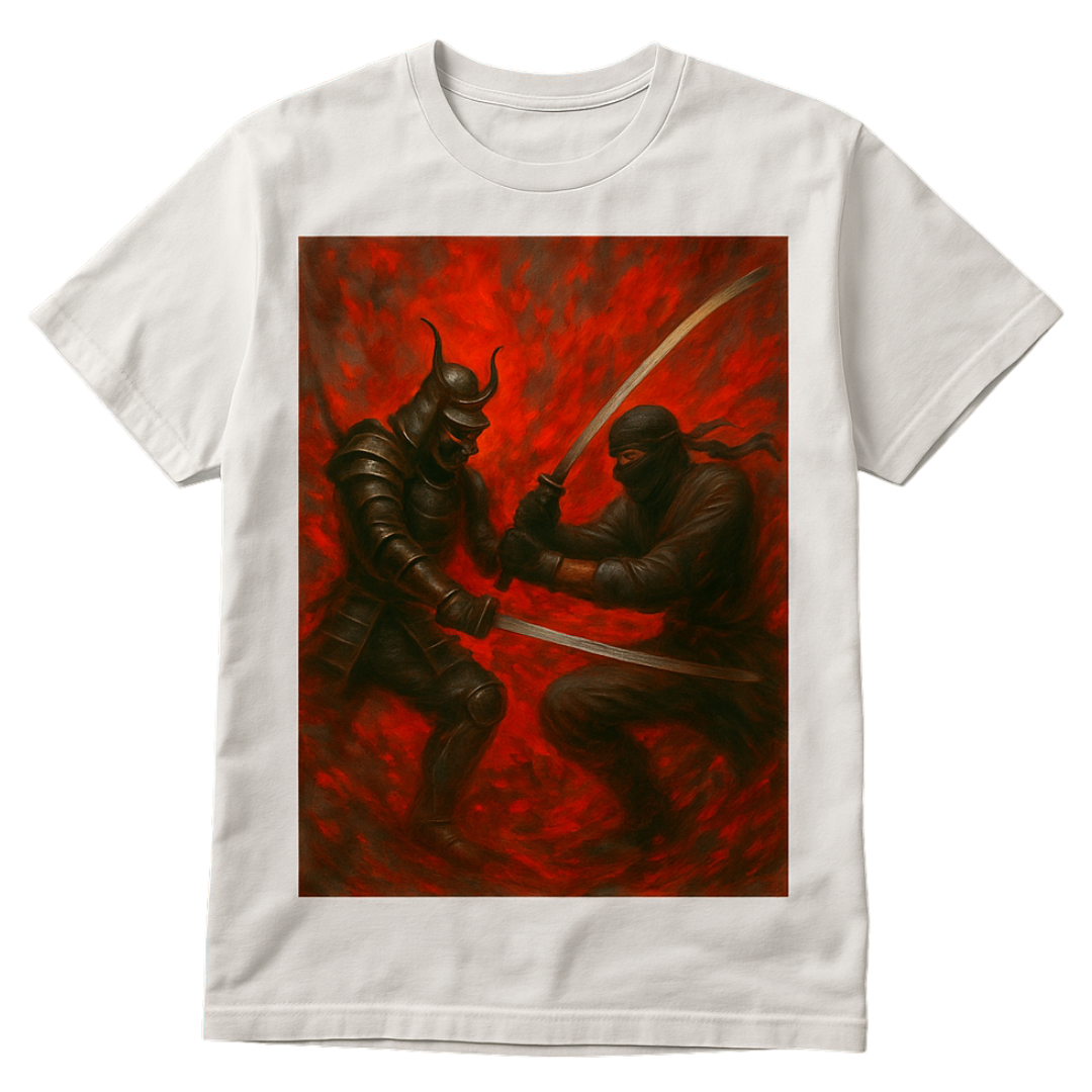 “Chaos Clash” Samurai vs Ninja Oil-Paint Tee – White Edition