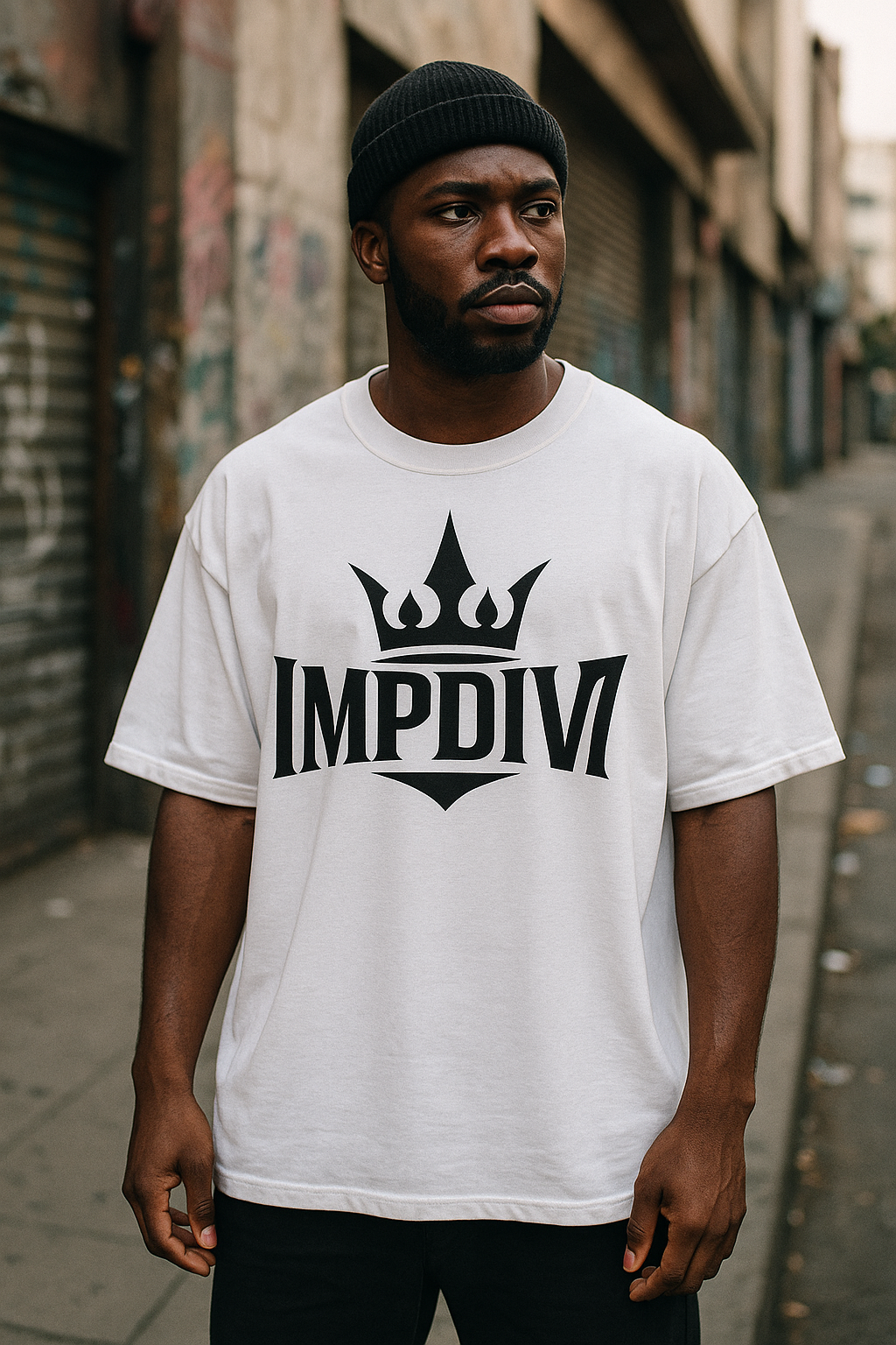 IMPDIV7 Crown Logo Tee – White Shirt, Black Statement Print