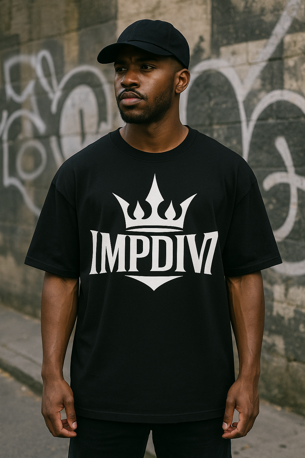 IMPDIV7 Crown Logo Tee – Black Shirt, White Royal Design