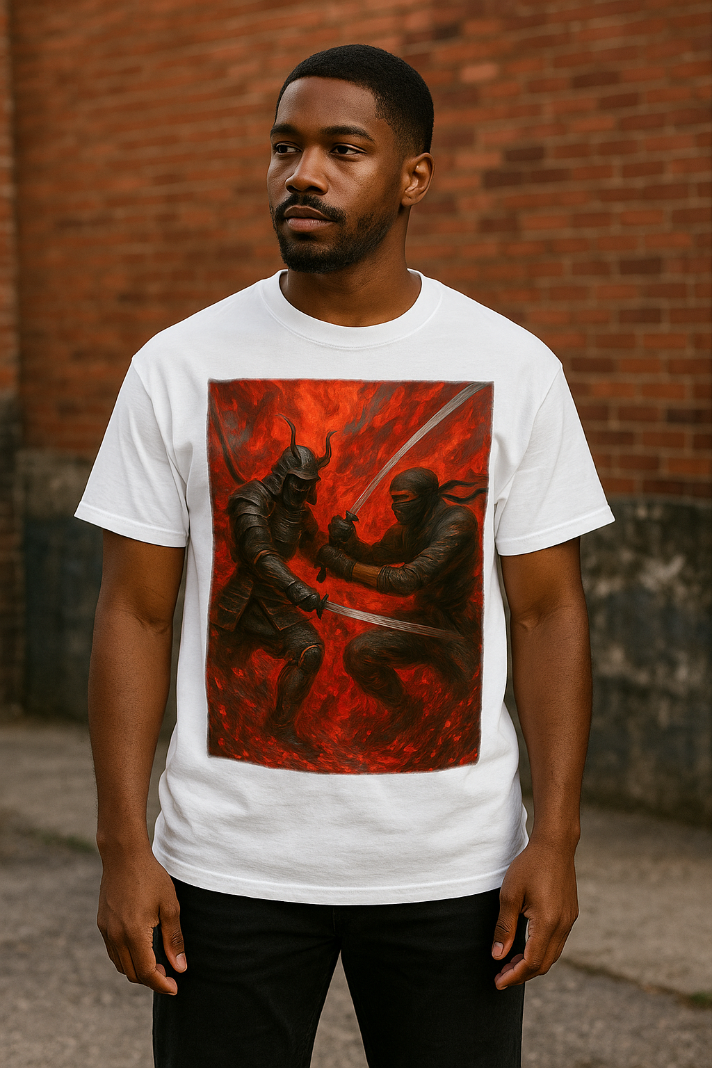 “Chaos Clash” Samurai vs Ninja Oil-Paint Tee – White Edition