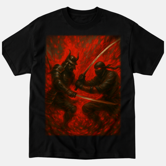 “Chaos Clash” Samurai vs Ninja Oil-Paint Graphic Tee – Black/Red Heather Edition