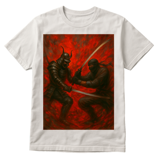 “Chaos Clash” Samurai vs Ninja Oil-Paint Tee – White Edition
